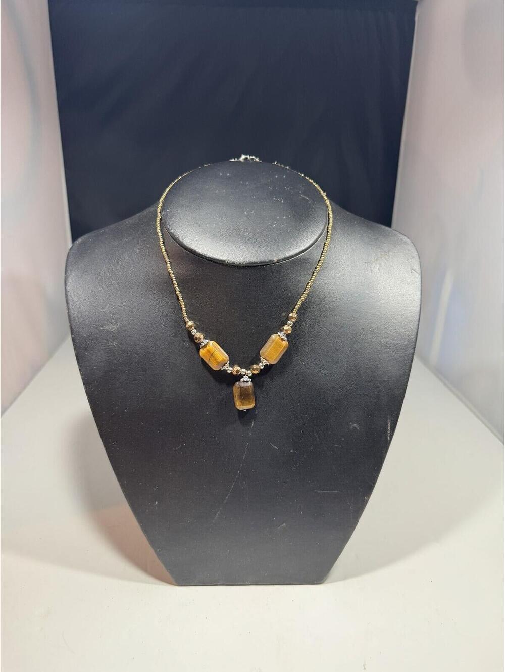 Fashion Tiger's Eye Beaded Necklace Gold Tone Silver Tone Accent Statement